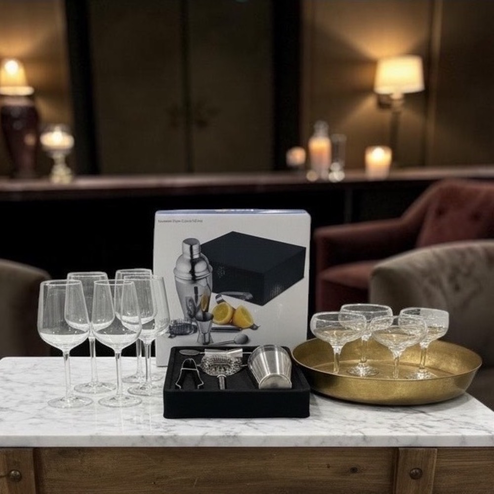 Home Bar Starter Kit Cocktail Shaker Gift Set + 8 Glasses Champagne Wine Bundle